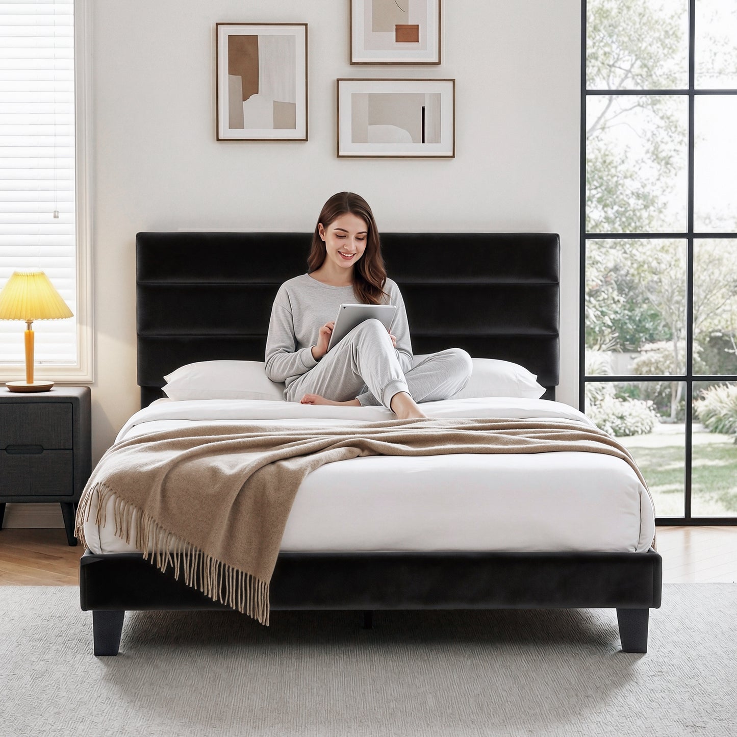 Queen Bed Frame – Black Velvet Upholstered Platform with Geometric Headboard