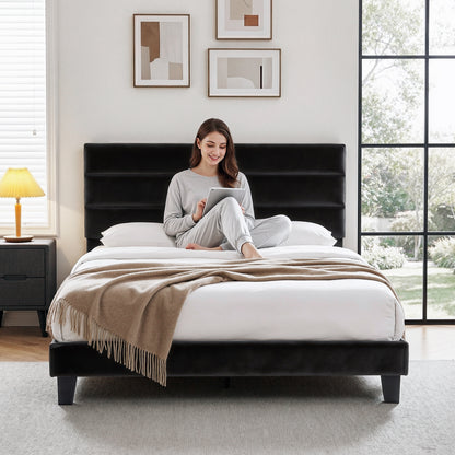 TWSC Queen Bed Frame Upholstered Platform Base with Geometric Headboard Black Velvet