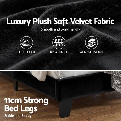 TWSC Queen Bed Frame Upholstered Platform Base with Geometric Headboard Black Velvet