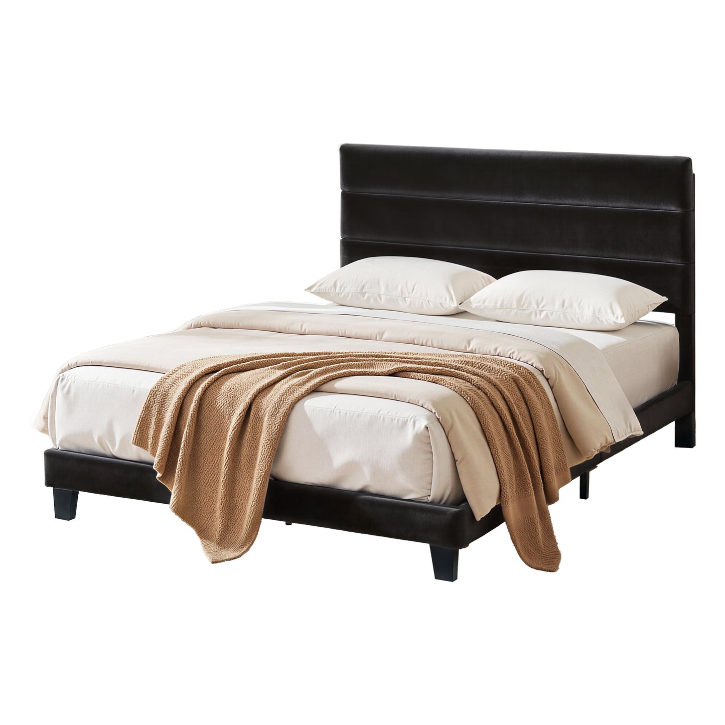 Queen Bed Frame – Black Velvet Upholstered Platform with Geometric Headboard
