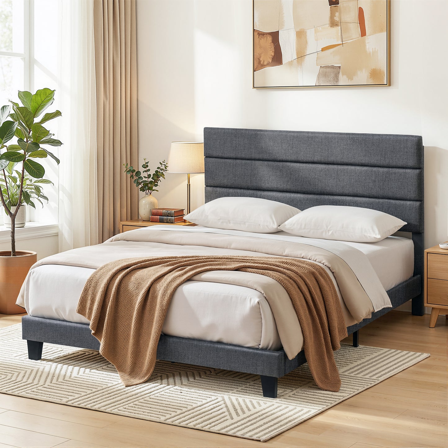 Queen Upholstered Bed Frame – Geometric Headboard, Charcoal Grey Linen