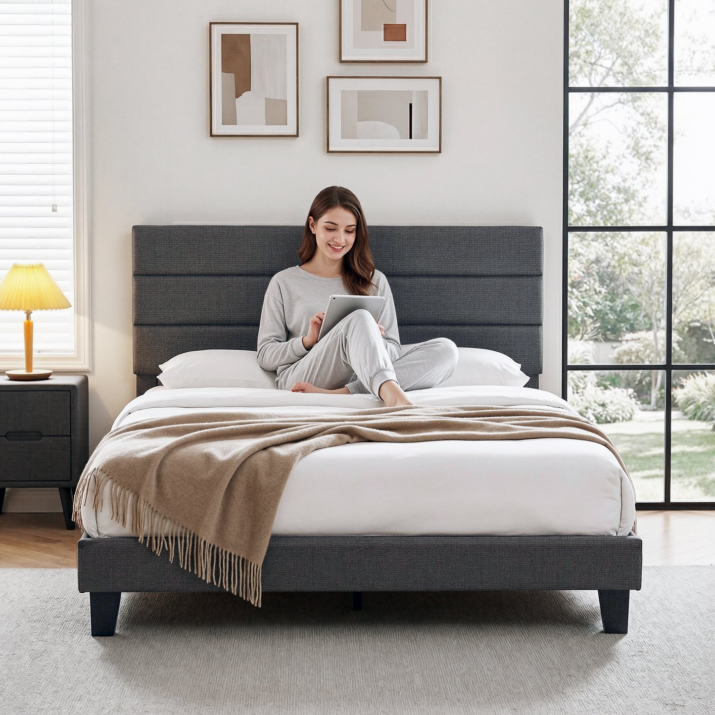 Queen Upholstered Bed Frame – Geometric Headboard, Charcoal Grey Linen