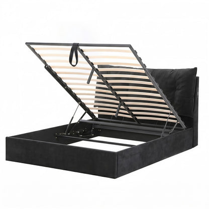 TWSC Queen Bed Frame with Horizontal Gas Lift Storage with LED Light USB Type-C Charging Station Black Velvet