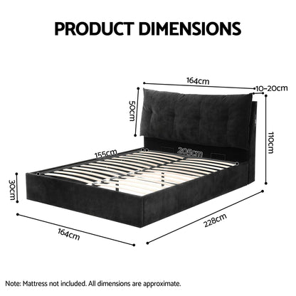 TWSC Queen Bed Frame with Horizontal Gas Lift Storage with LED Light USB Type-C Charging Station Black Velvet