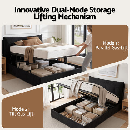 TWSC Queen Bed Frame with Horizontal Gas Lift Storage with LED Light USB Type-C Charging Station Black Velvet