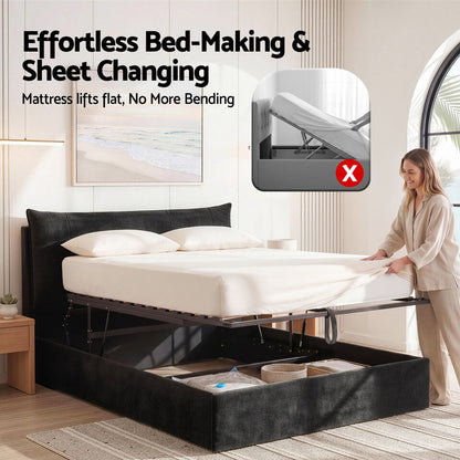 TWSC Queen Bed Frame with Horizontal Gas Lift Storage with LED Light USB Type-C Charging Station Black Velvet