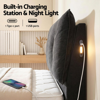 TWSC Queen Bed Frame with Horizontal Gas Lift Storage with LED Light USB Type-C Charging Station Black Velvet