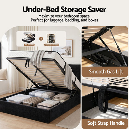 TWSC Queen Bed Frame with Horizontal Gas Lift Storage with LED Light USB Type-C Charging Station Black Velvet