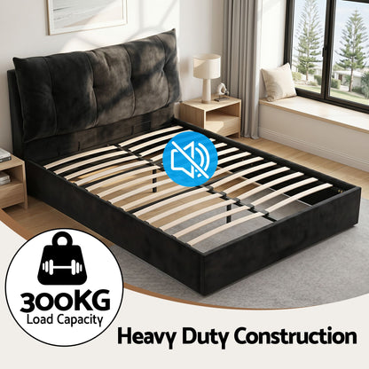 TWSC Queen Bed Frame with Horizontal Gas Lift Storage with LED Light USB Type-C Charging Station Black Velvet