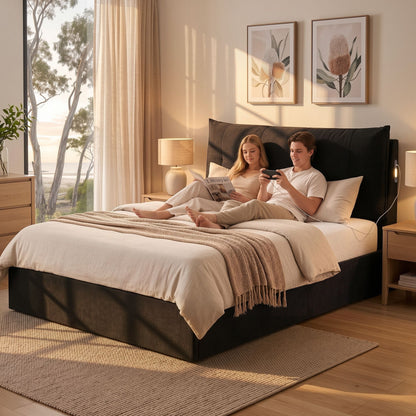 TWSC Queen Bed Frame with Horizontal Gas Lift Storage with LED Light USB Type-C Charging Station Black Velvet