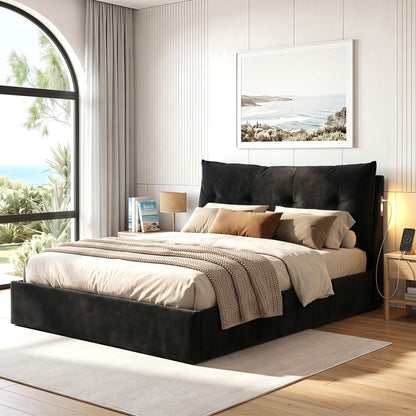 TWSC Queen Bed Frame with Horizontal Gas Lift Storage with LED Light USB Type-C Charging Station Black Velvet