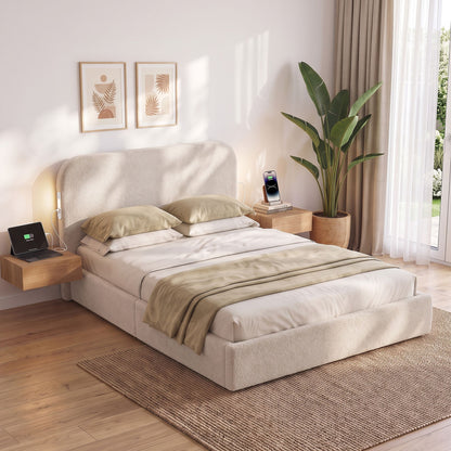 TWSC Double Bed Frame with 100cm Bouclé Headboard, USB-C & Night Lights