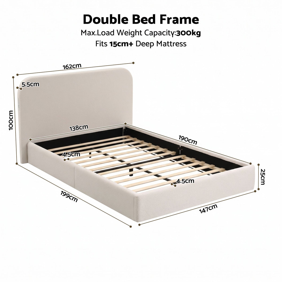 TWSC Double Bed Frame with 100cm Bouclé Headboard, USB-C & Night Lights