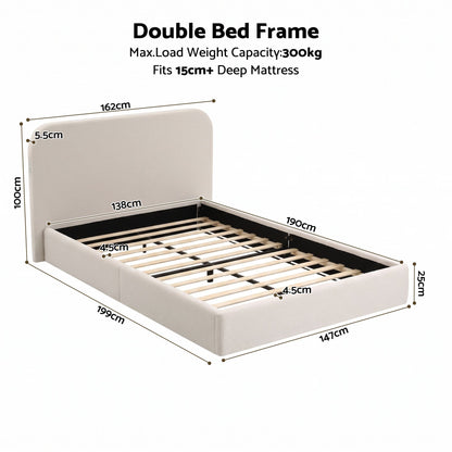 TWSC Double Bed Frame with 100cm Bouclé Headboard, USB-C & Night Lights
