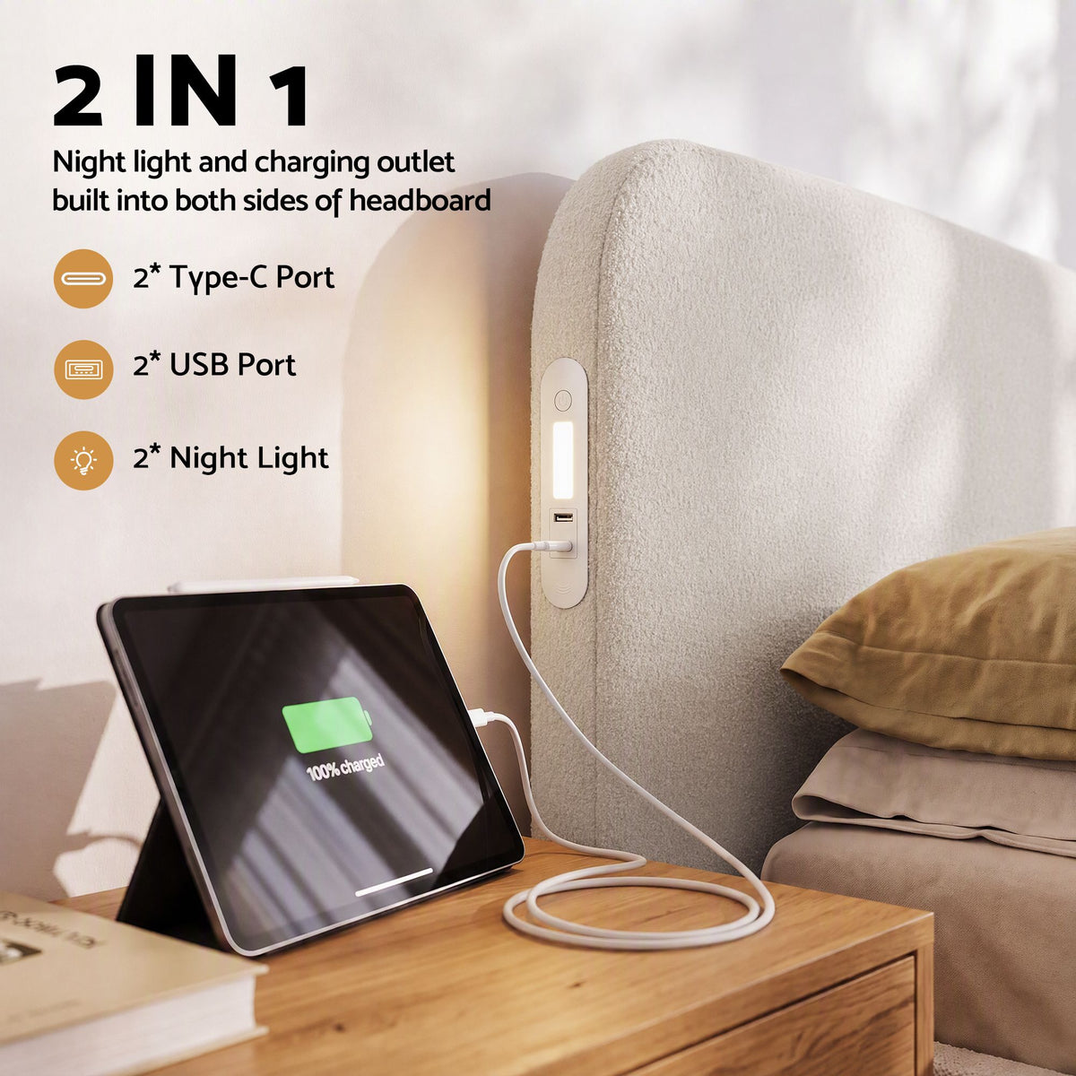 TWSC Double Bed Frame with 100cm Bouclé Headboard, USB-C & Night Lights