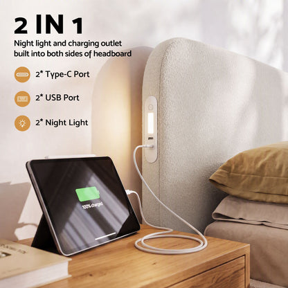 TWSC Double Bed Frame with 100cm Bouclé Headboard, USB-C & Night Lights
