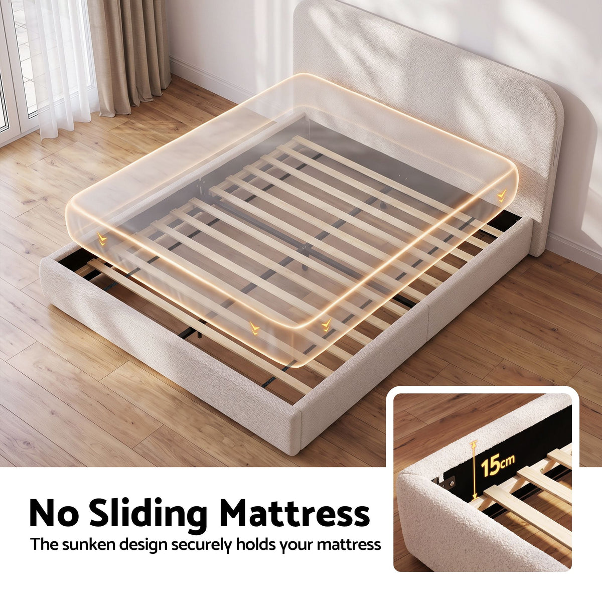 TWSC Double Bed Frame with 100cm Bouclé Headboard, USB-C & Night Lights