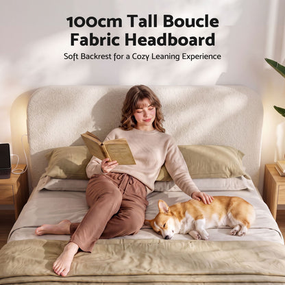 TWSC Double Bed Frame with 100cm Bouclé Headboard, USB-C & Night Lights