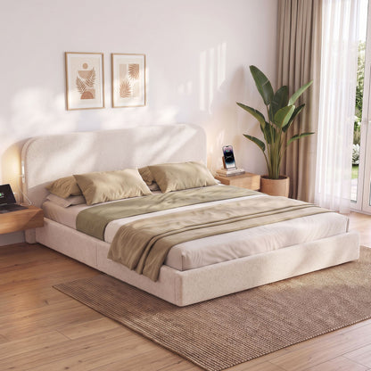 TWSC King Bed Frame with 100cm Bouclé Headboard, USB-C & Night Lights