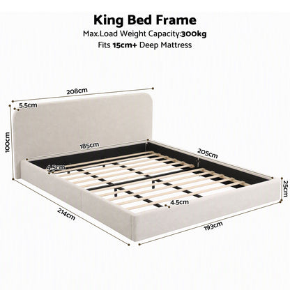 TWSC King Bed Frame with 100cm Bouclé Headboard, USB-C & Night Lights