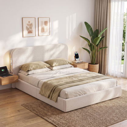 TWSC Queen Bed Frame with Bouclé Headboard, USB-C Charging & Night Lights