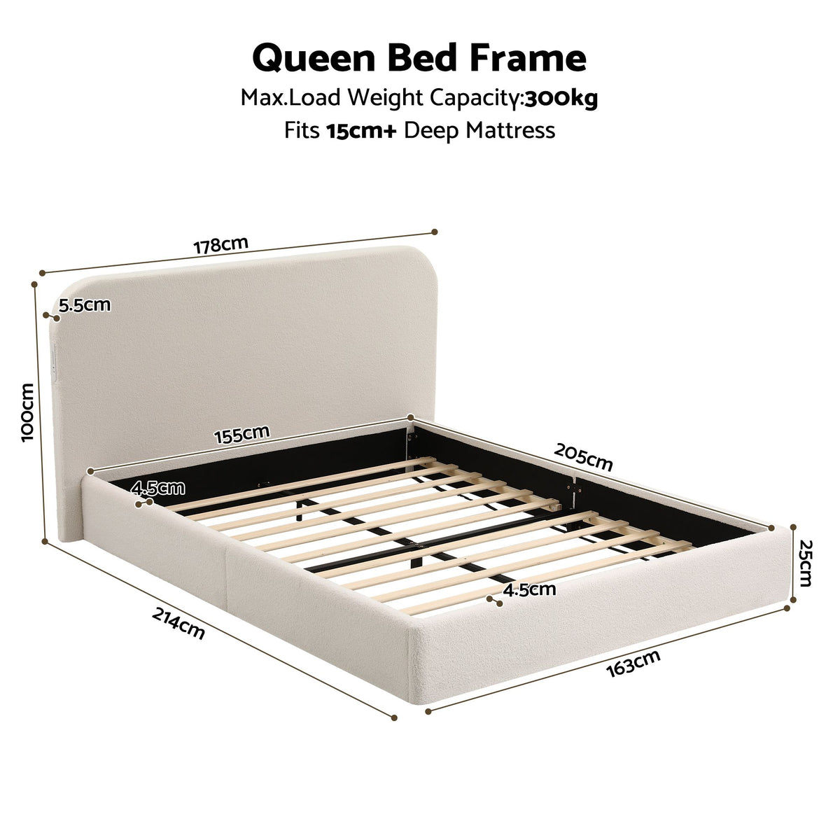 TWSC Queen Bed Frame with Bouclé Headboard, USB-C Charging & Night Lights