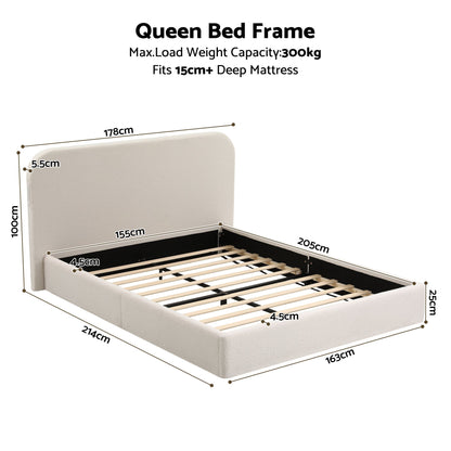 TWSC Queen Bed Frame with Bouclé Headboard, USB-C Charging & Night Lights