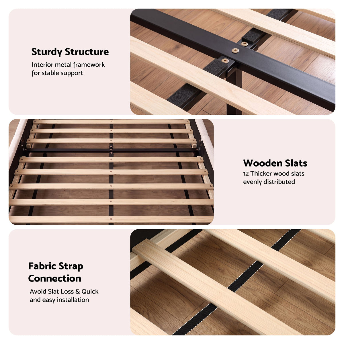 TWSC Queen Bed Frame with Bouclé Headboard, USB-C Charging & Night Lights