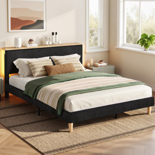 Double Bed Frame with Adjustable Headboard and Mood Lighting – Black Velvet Upholstery