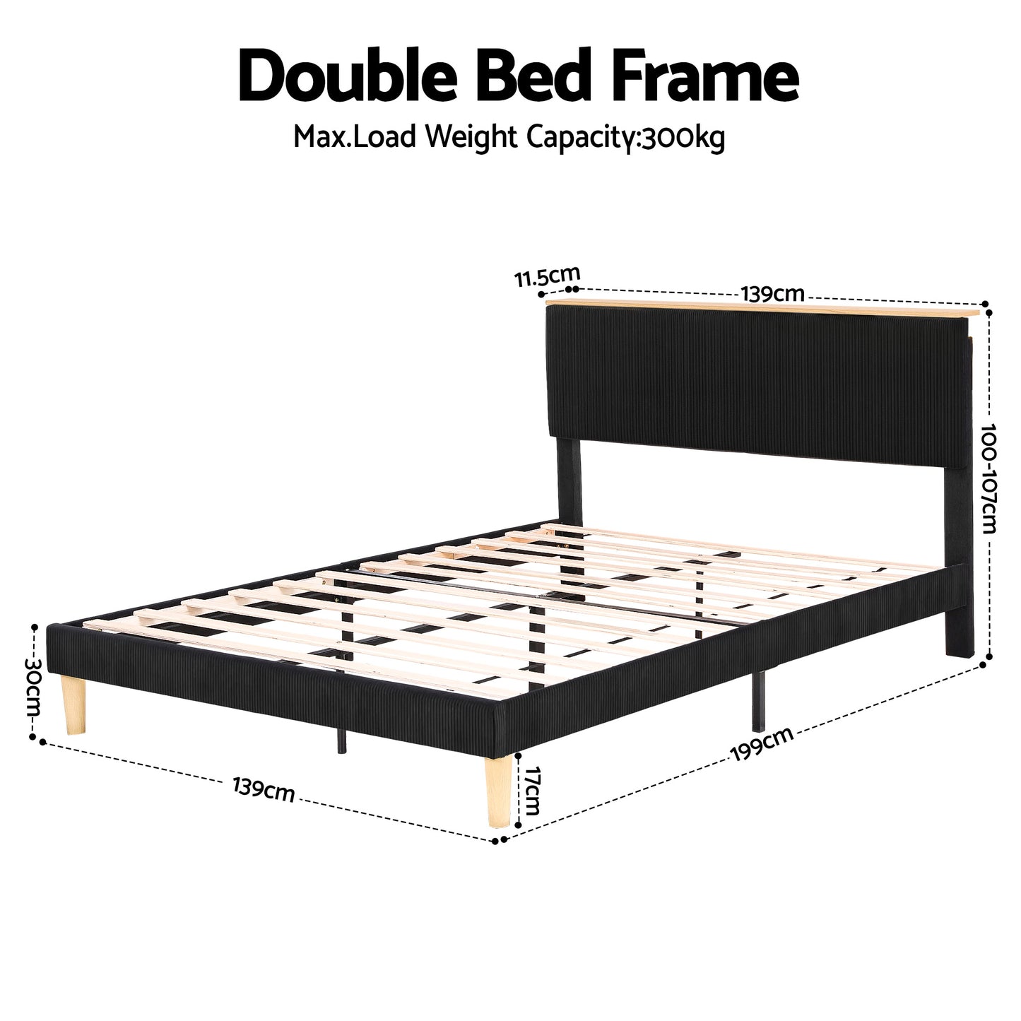 Double Bed Frame with Adjustable Headboard and Mood Lighting – Black Velvet Upholstery