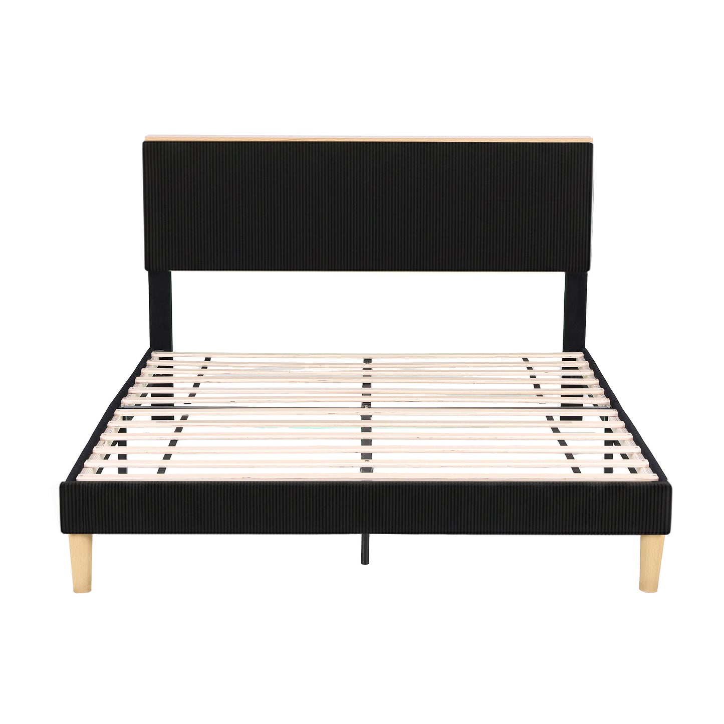 Double Bed Frame with Adjustable Headboard and Mood Lighting – Black Velvet Upholstery