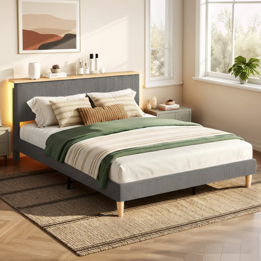 Double Bed Frame with Adjustable Headboard and RGB Mood Lighting, Grey Velvet Upholstery