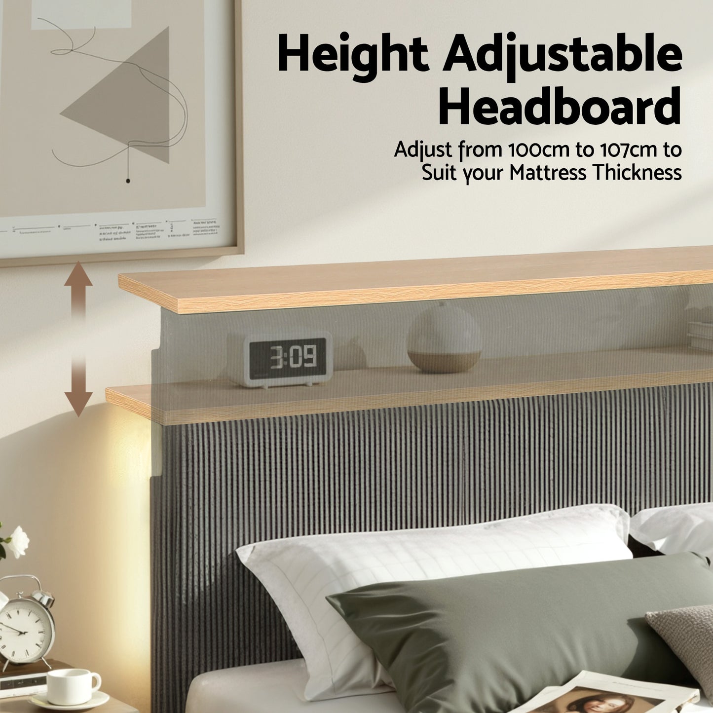 Double Bed Frame with Adjustable Headboard and RGB Mood Lighting, Grey Velvet Upholstery