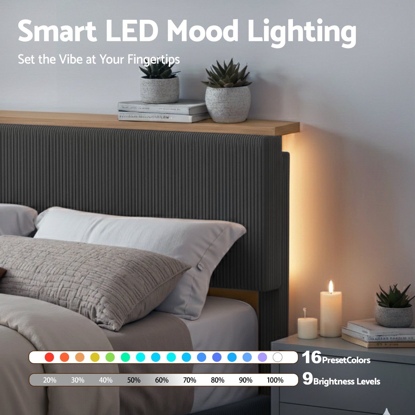 Double Bed Frame with Adjustable Headboard and RGB Mood Lighting, Grey Velvet Upholstery