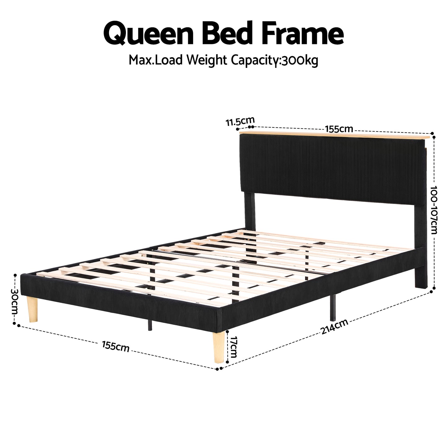 Queen Bed Frame – Adjustable Headboard, Black Corduroy Velvet with Mood Lighting