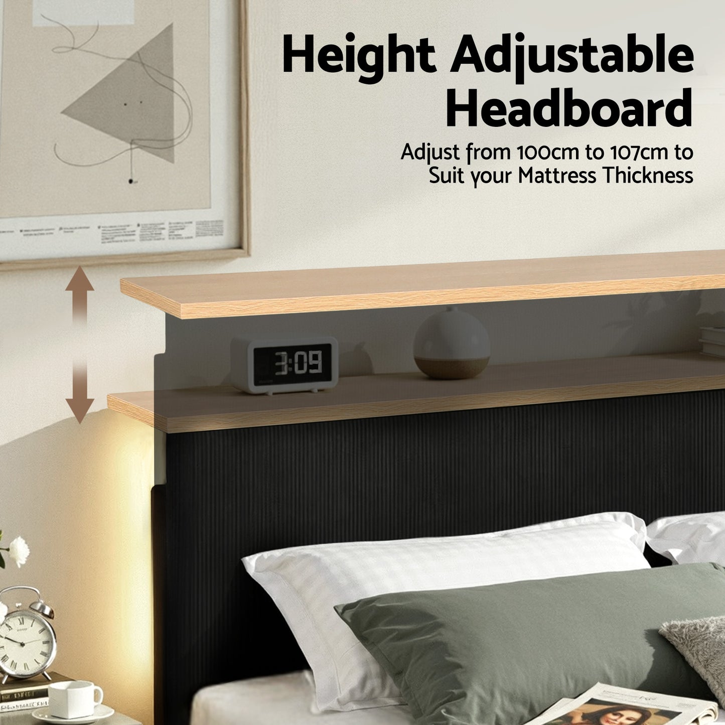 Queen Bed Frame – Adjustable Headboard, Black Corduroy Velvet with Mood Lighting