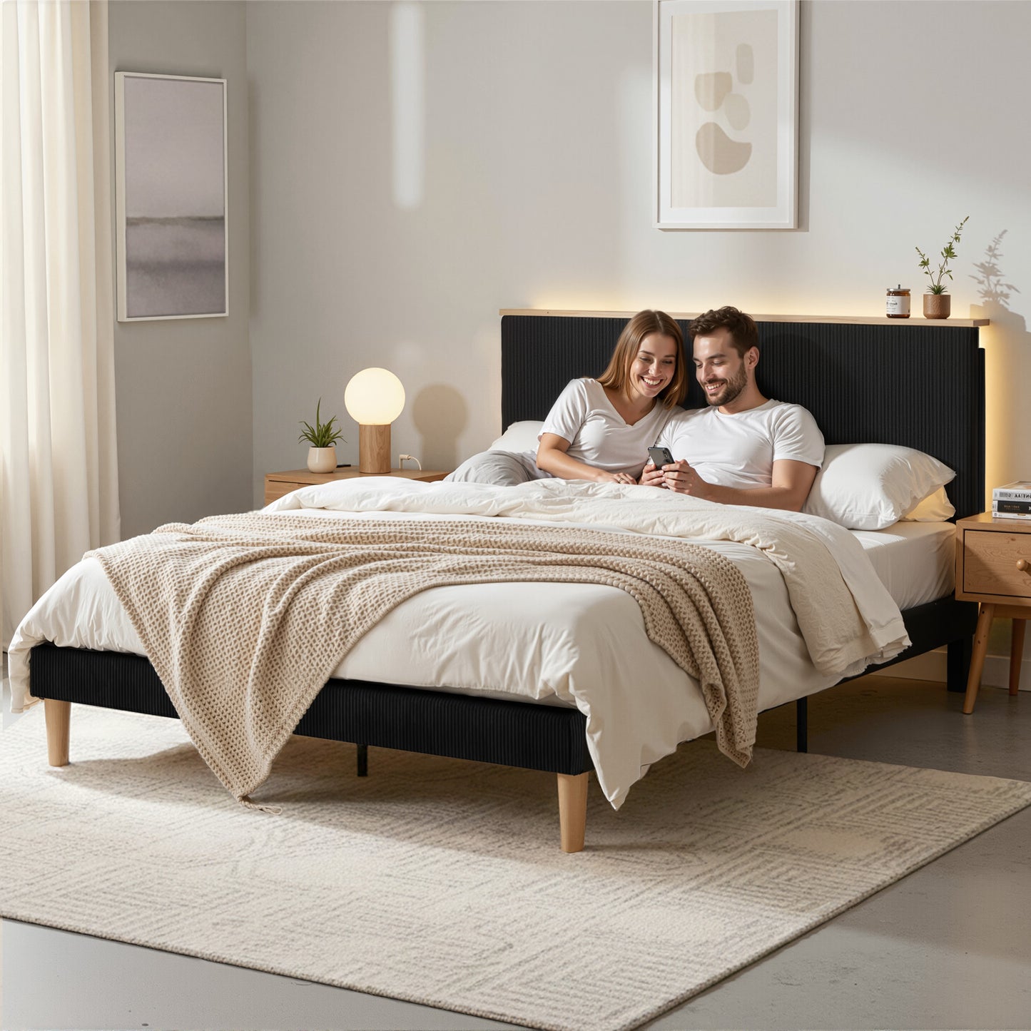 Queen Bed Frame – Adjustable Headboard, Black Corduroy Velvet with Mood Lighting