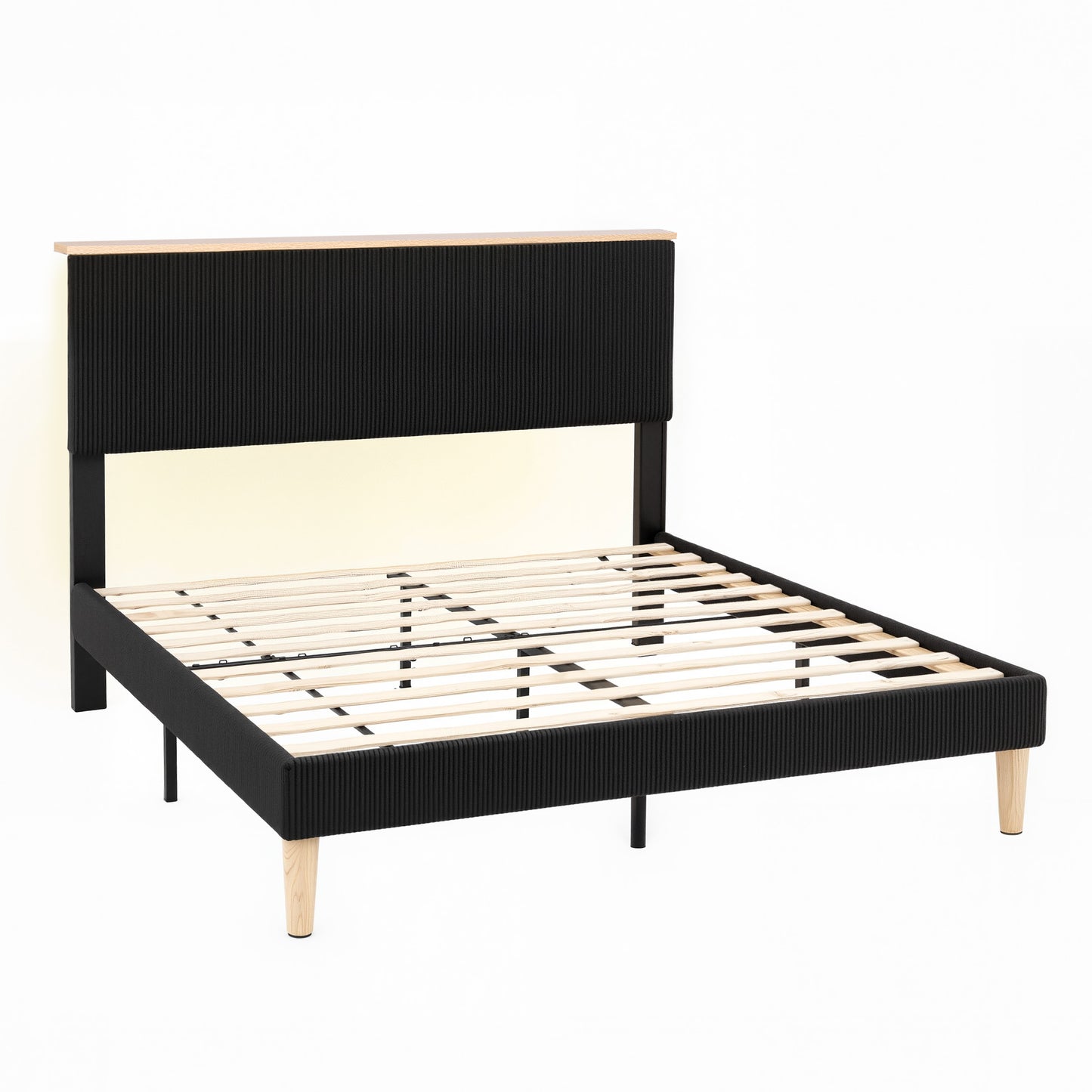 Queen Bed Frame – Adjustable Headboard, Black Corduroy Velvet with Mood Lighting