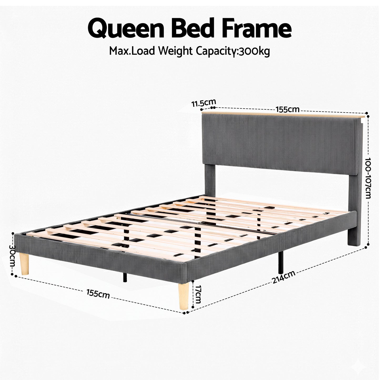 Queen Bed Frame – Adjustable Upholstered Headboard, Grey Velvet with Mood Lighting