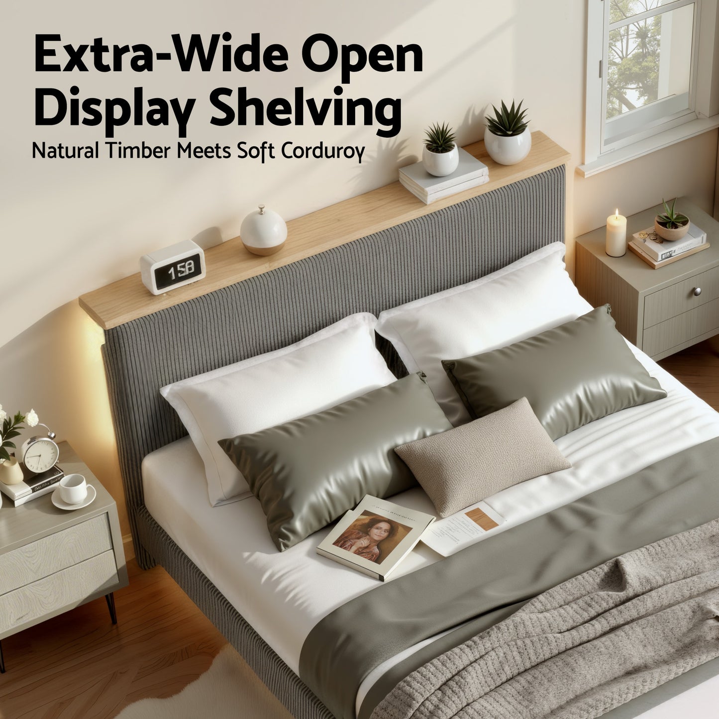 Queen Bed Frame – Adjustable Upholstered Headboard, Grey Velvet with Mood Lighting