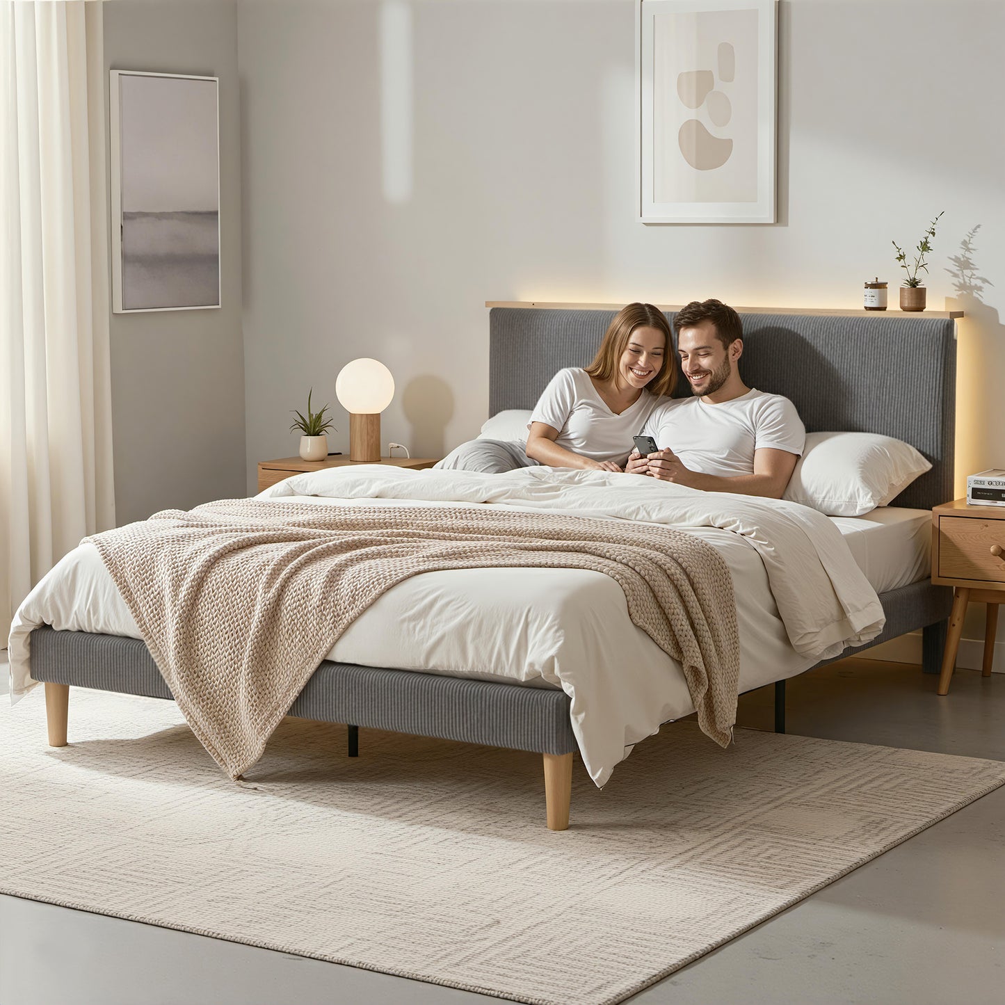 Queen Bed Frame – Adjustable Upholstered Headboard, Grey Velvet with Mood Lighting