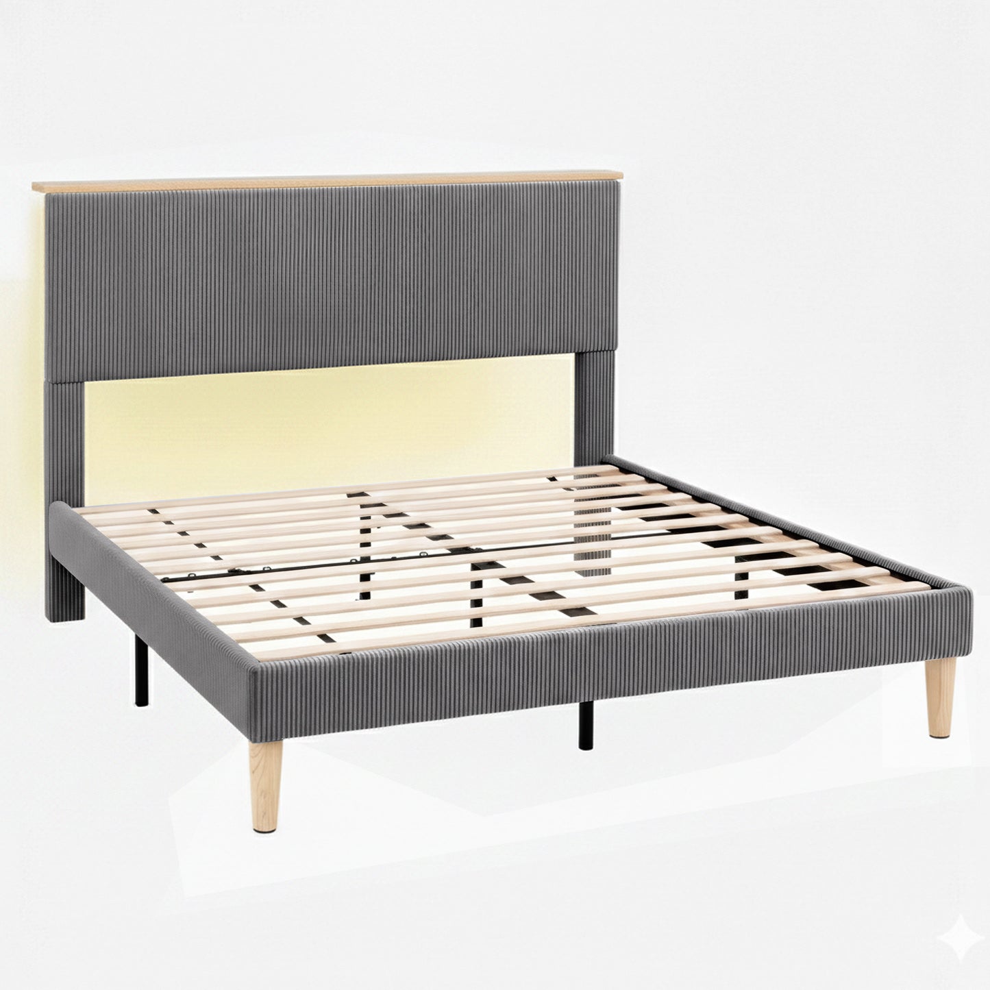 Queen Bed Frame – Adjustable Upholstered Headboard, Grey Velvet with Mood Lighting