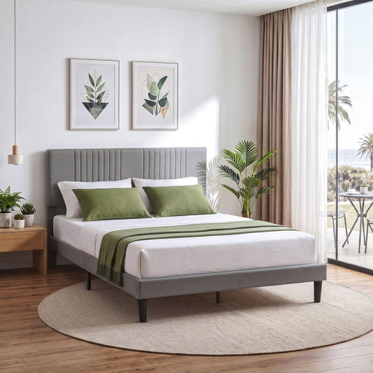 TWSC Double Bed Frame with Adjustable Headboard, Grey, 300kg Capacity