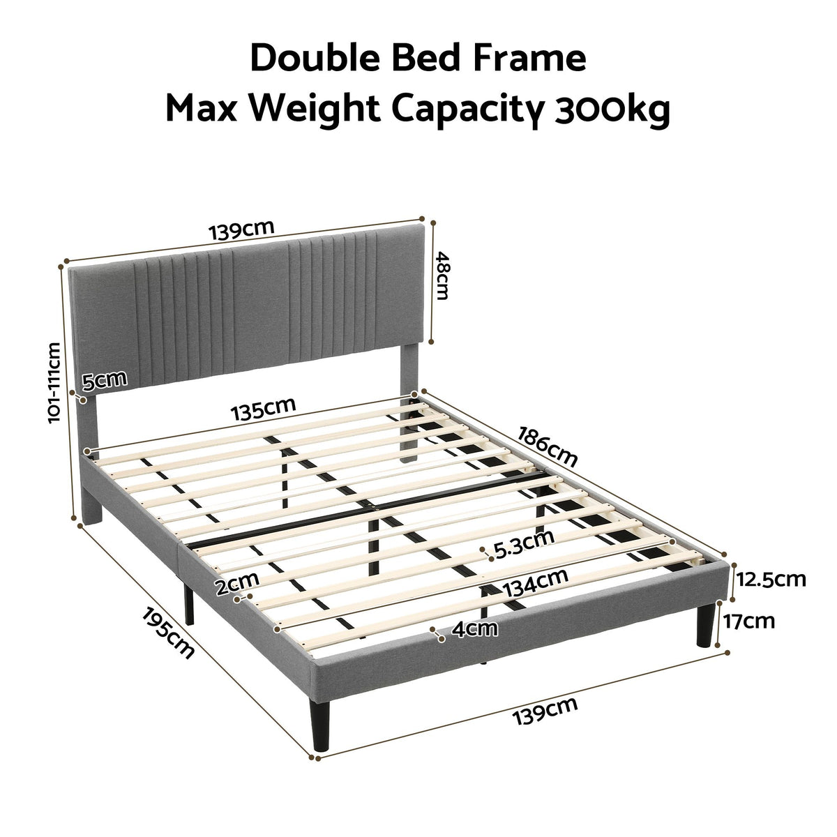TWSC Double Bed Frame with Adjustable Headboard, Grey, 300kg Capacity