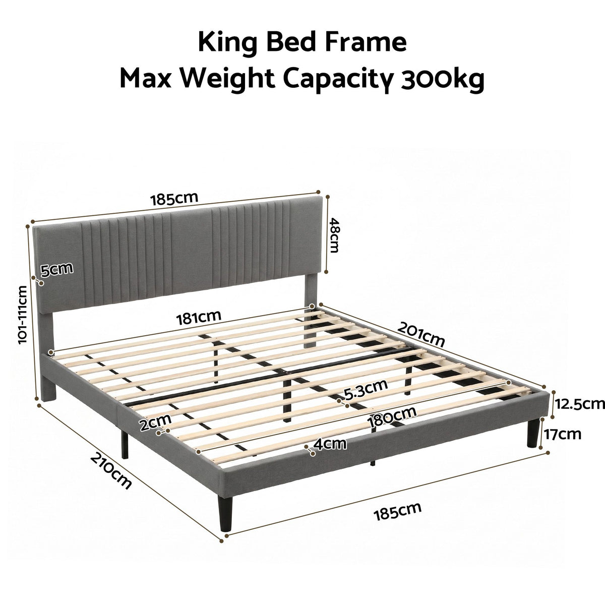 TWSC King Bed Frame with Adjustable Headboard, Grey, 300kg Capacity