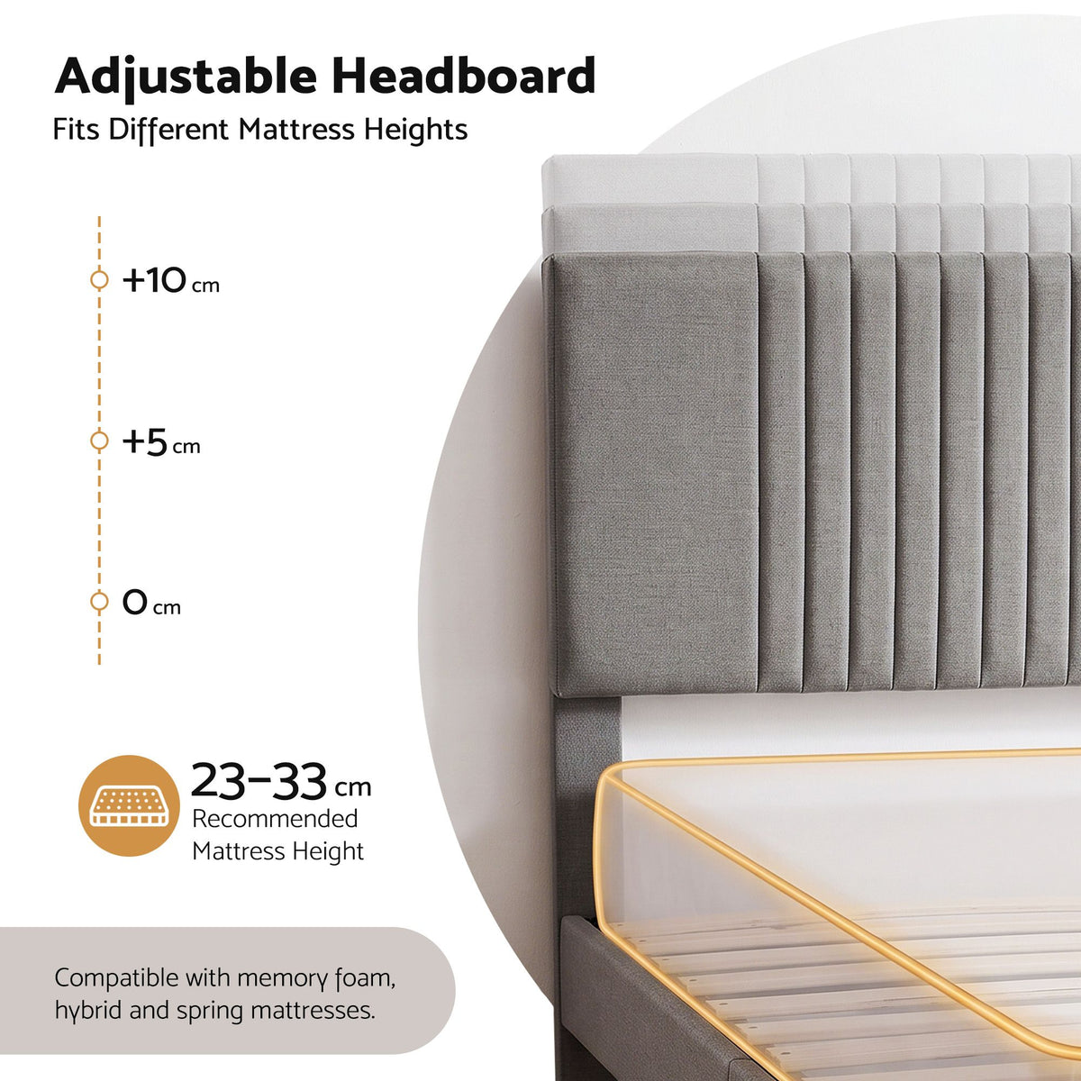 TWSC King Bed Frame with Adjustable Headboard, Grey, 300kg Capacity