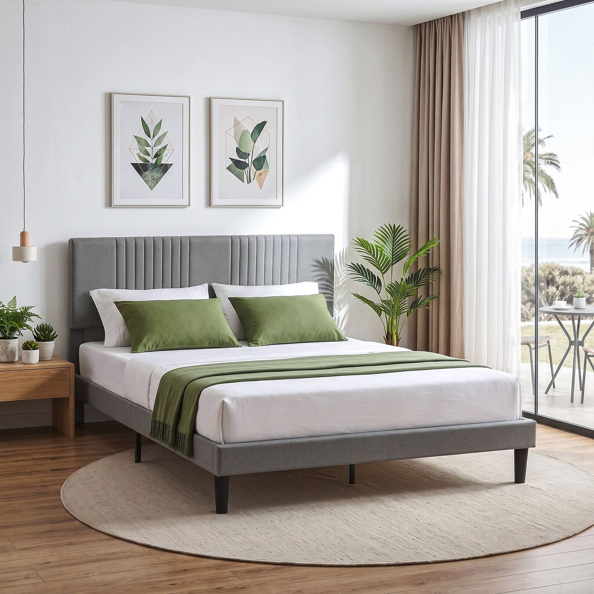 TWSC Queen Bed Frame with Adjustable Headboard, Grey, 300kg Capacity