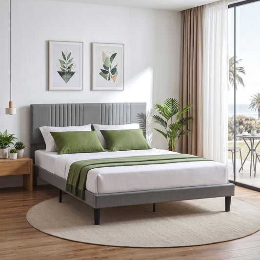TWSC Queen Bed Frame with Adjustable Headboard, Grey, 300kg Capacity
