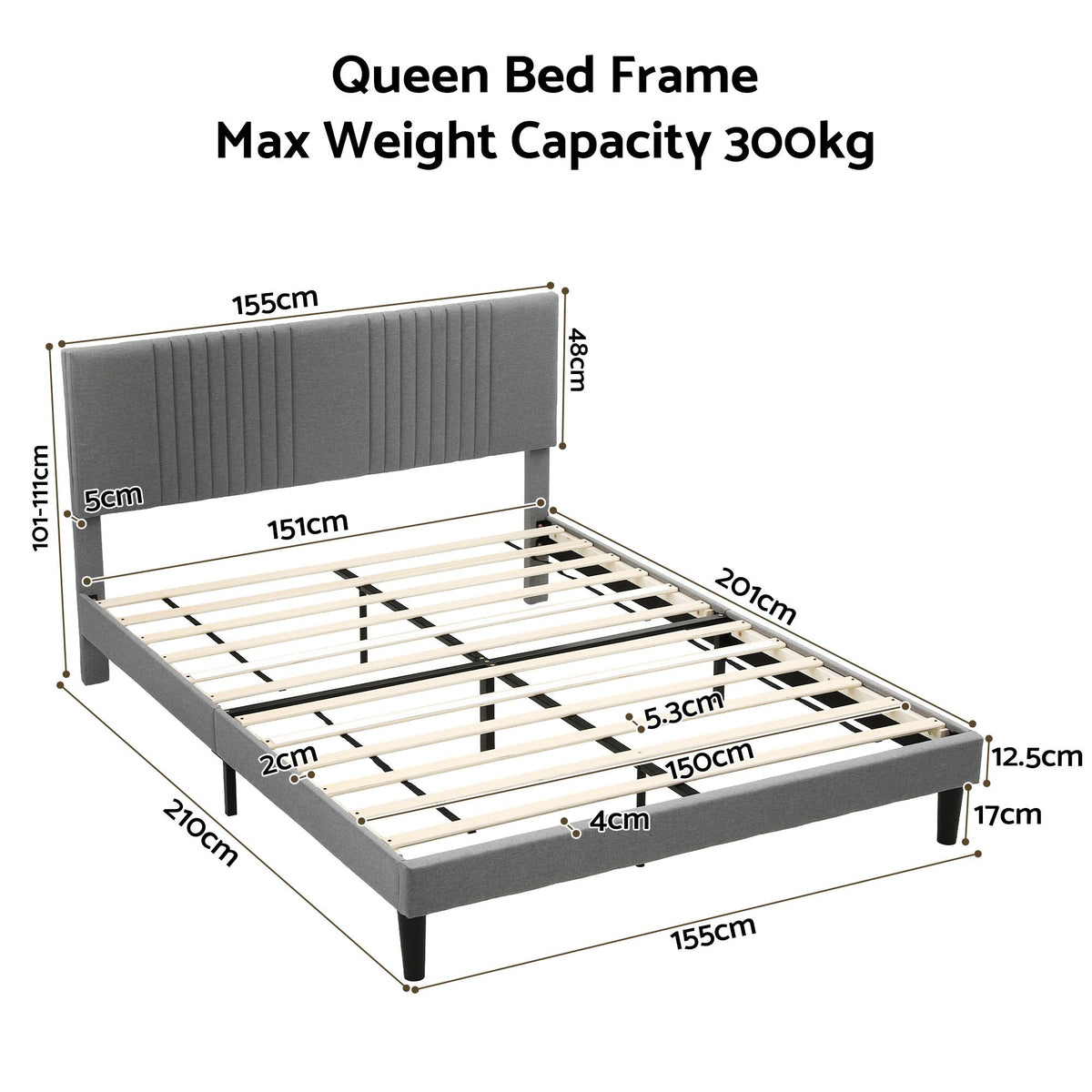 TWSC Queen Bed Frame with Adjustable Headboard, Grey, 300kg Capacity
