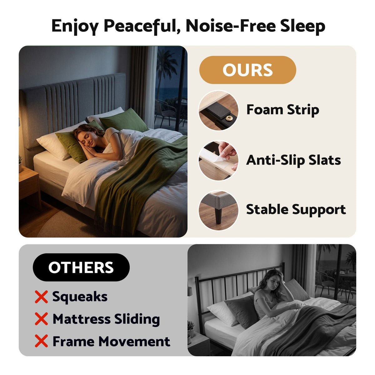 TWSC Queen Bed Frame with Adjustable Headboard, Grey, 300kg Capacity